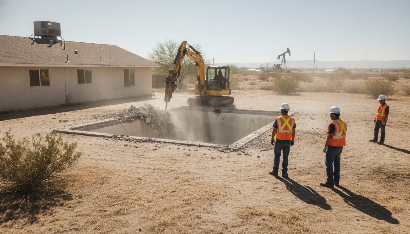 Pool demolition under way in a Bakersfield backyard
