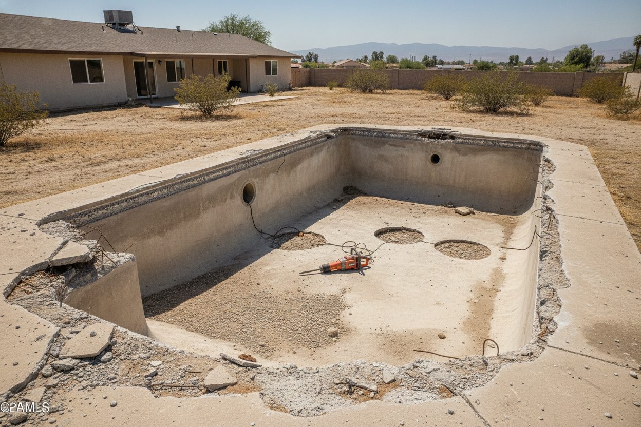 Pool shell with drainage holes broken through the floor in Bakersfield