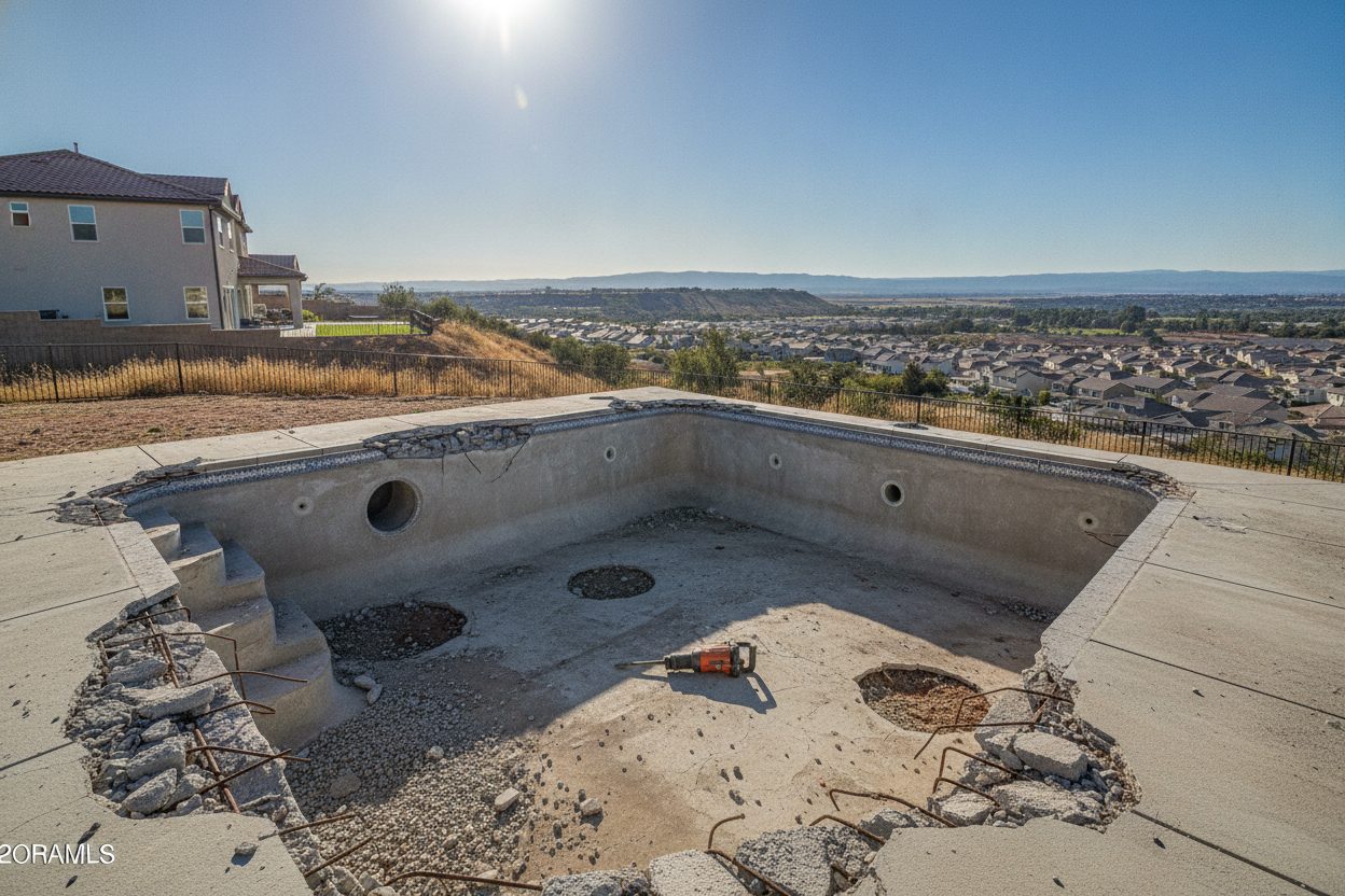 Pool shell with drainage holes broken through the floor in Chula Vista
