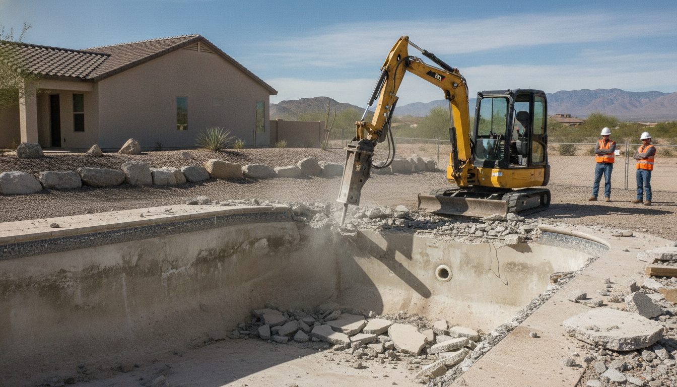 Pool demolition under way in a Fontana backyard