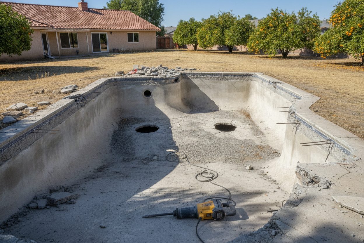 Pool shell with drainage holes broken through the floor in Fresno