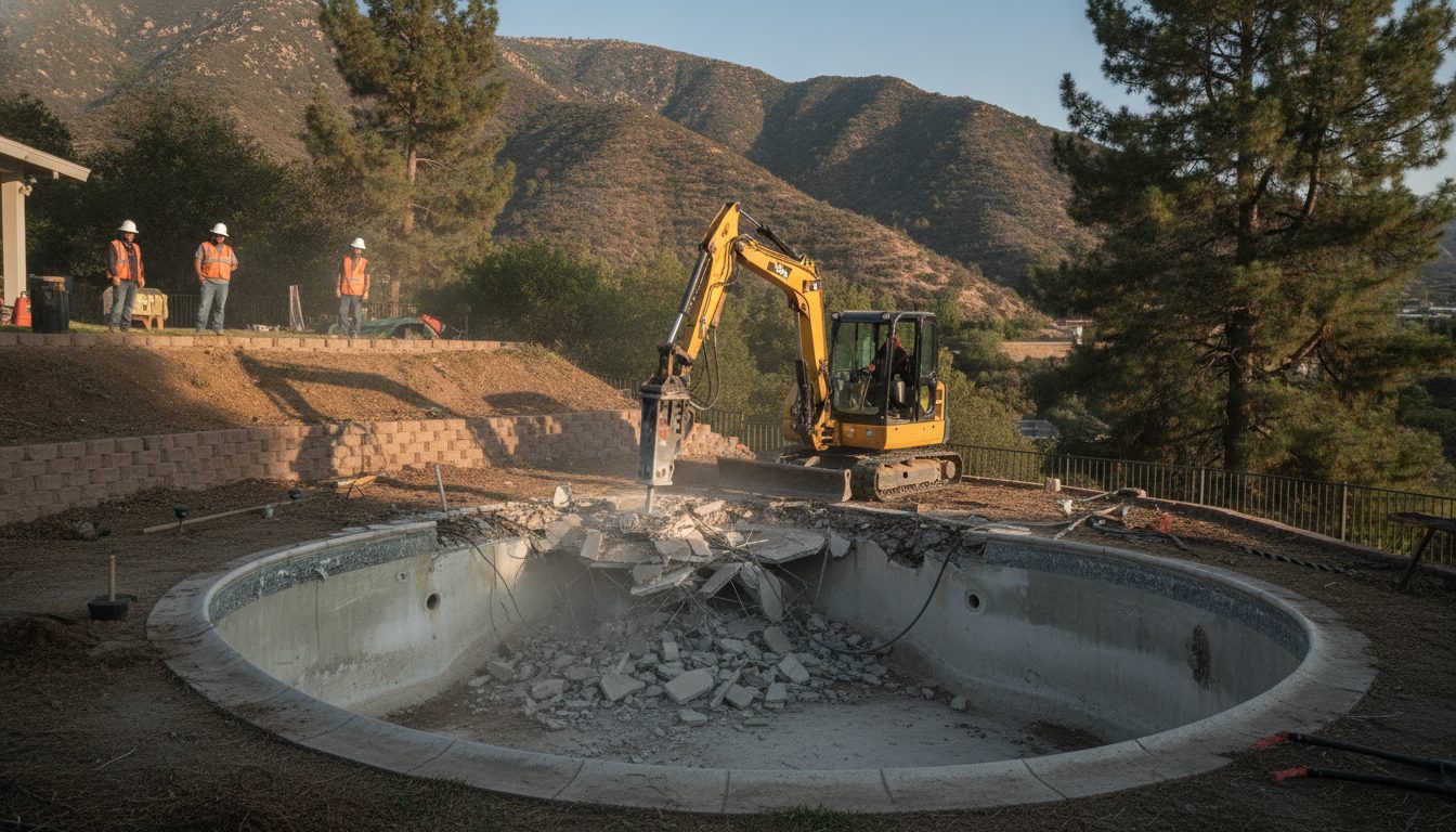 Pool demolition under way in a Glendale backyard