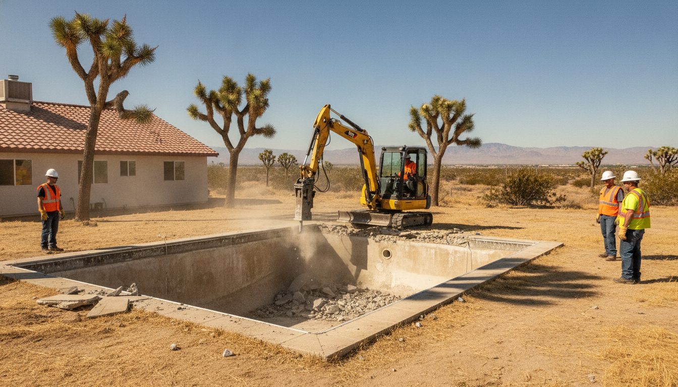 Pool demolition under way in a Lancaster backyard