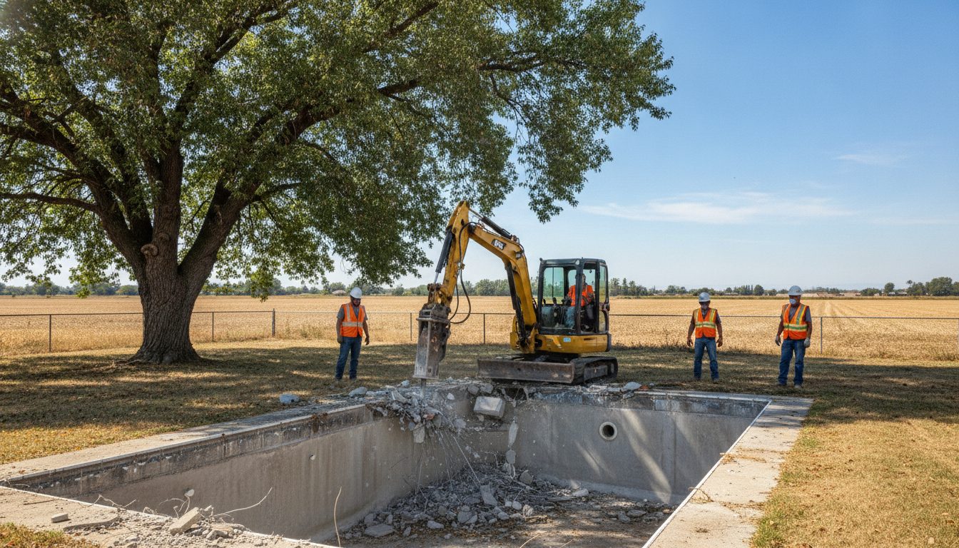 Pool demolition under way in a Modesto backyard