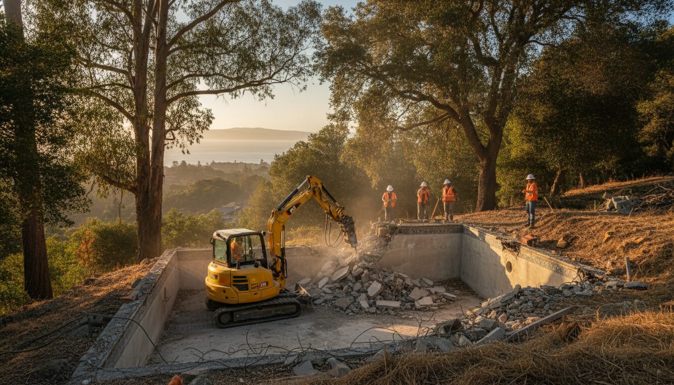 Pool demolition under way in a Oakland backyard