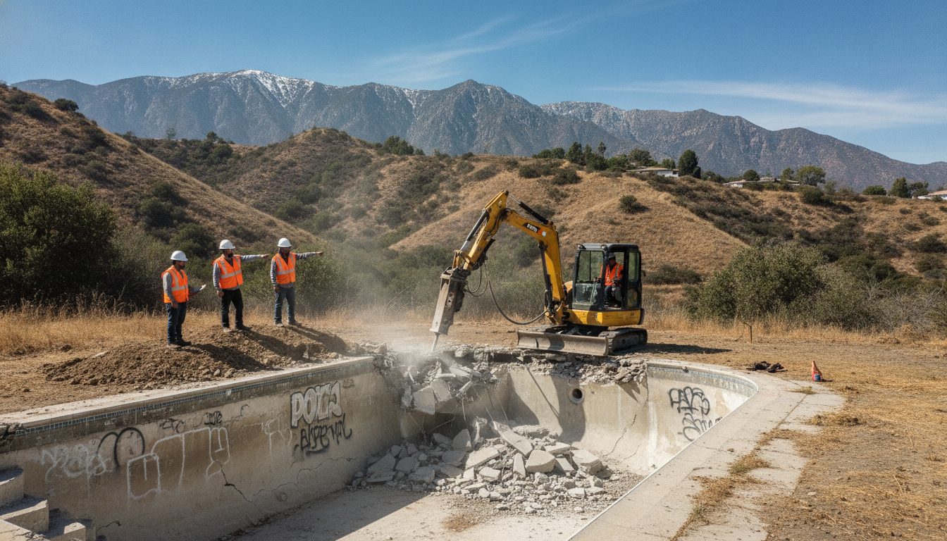 Pool demolition under way in a Rancho Cucamonga backyard