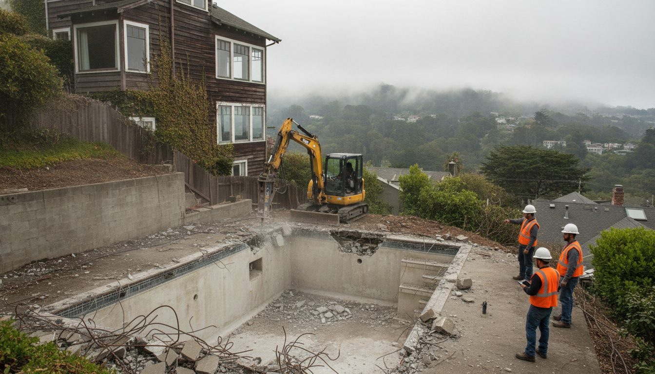 Pool demolition under way in a San Francisco backyard