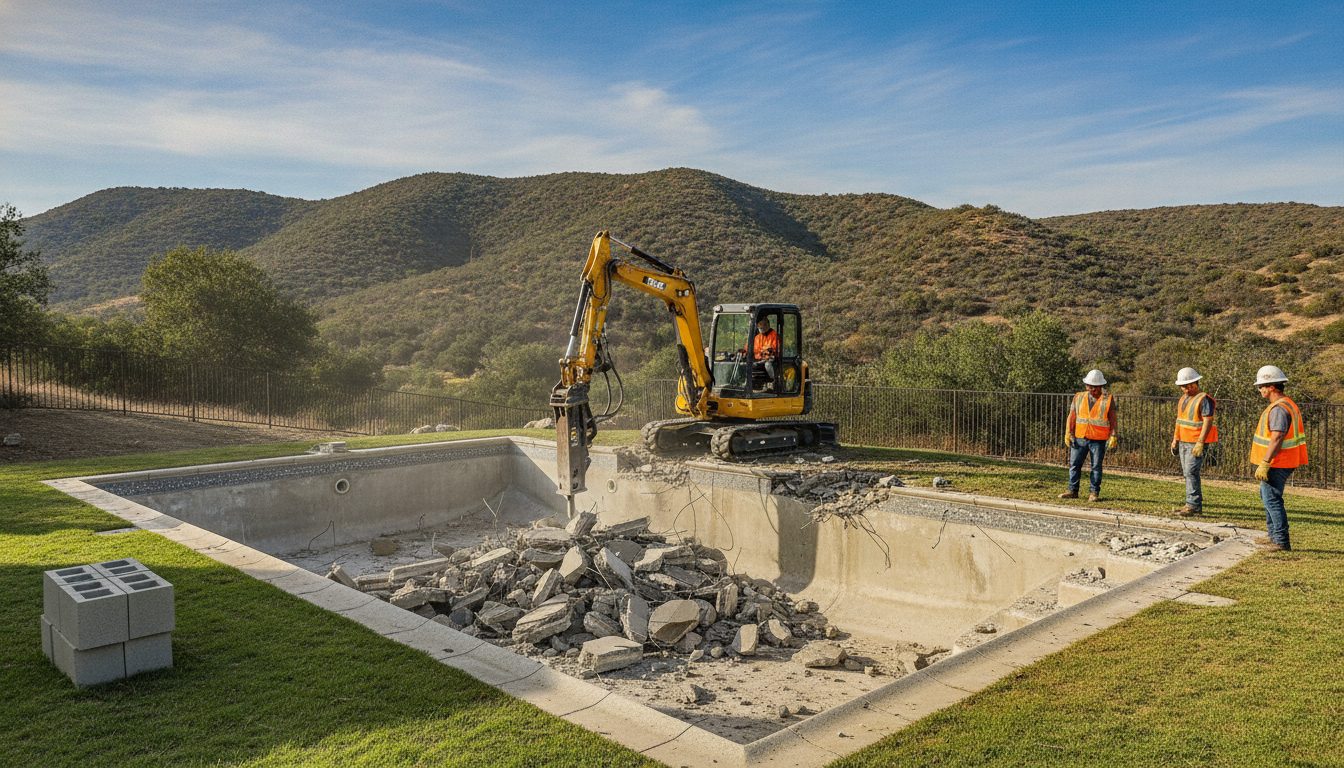 Pool demolition under way in a Santa Clarita backyard