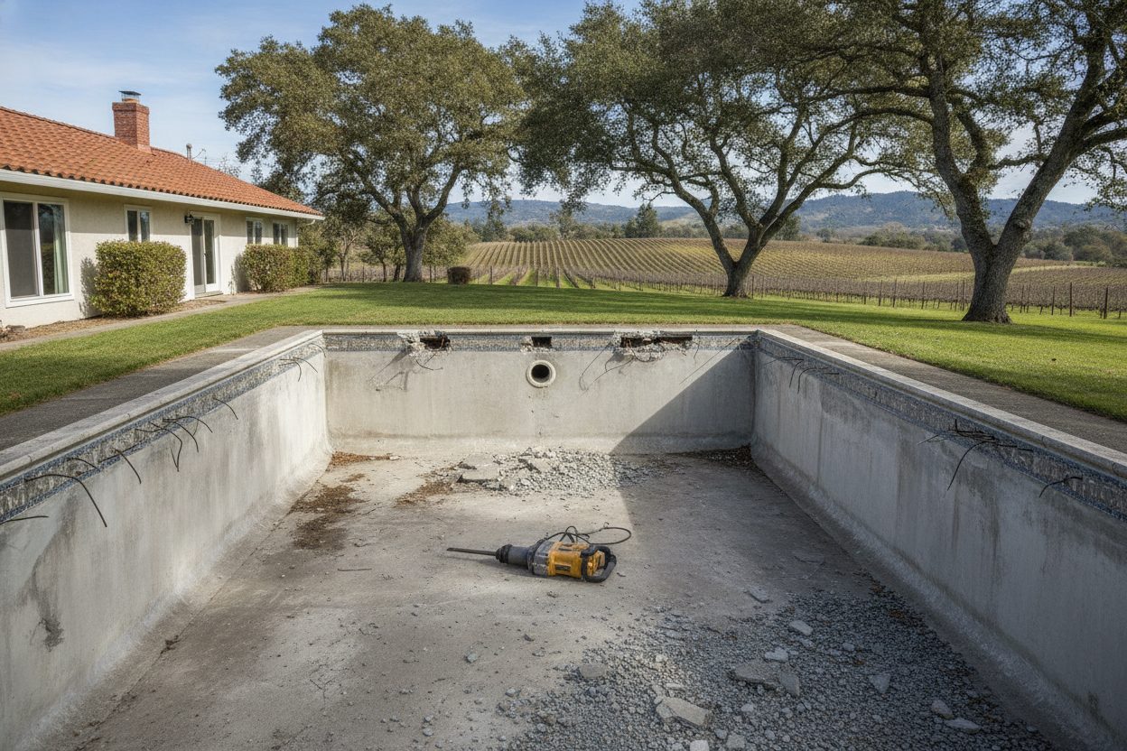 Pool shell with drainage holes broken through the floor in Santa Rosa