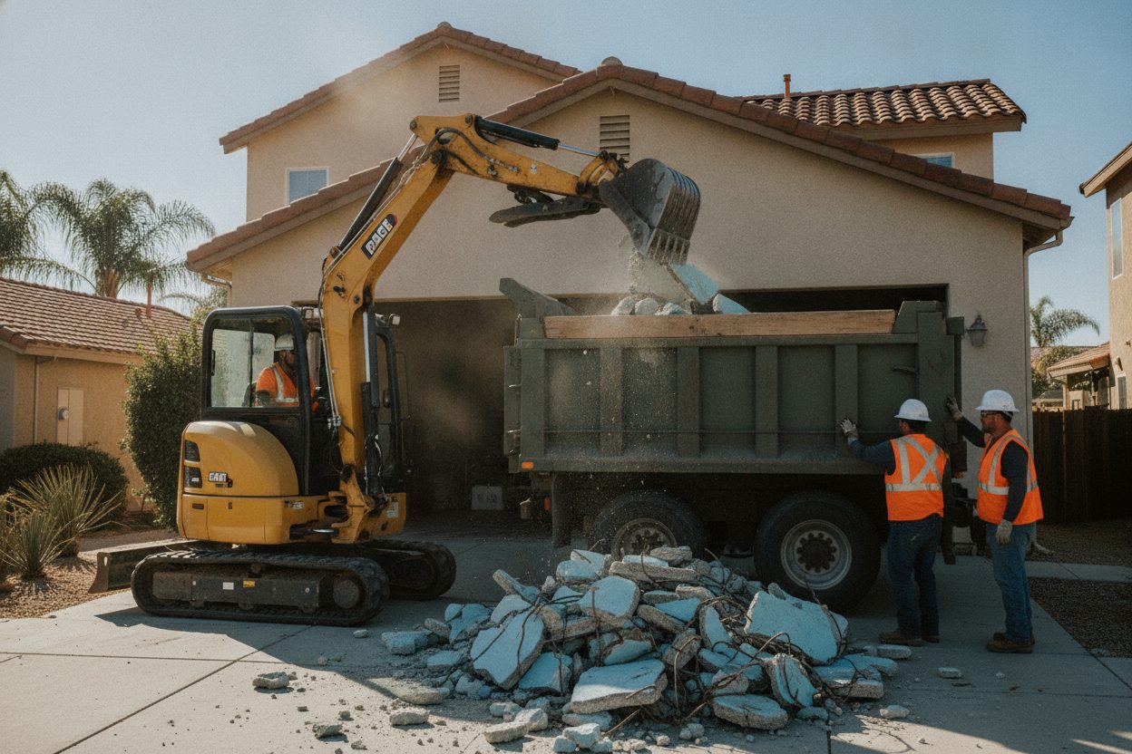 Excavator loading broken pool concrete into a dump truck in a California driveway