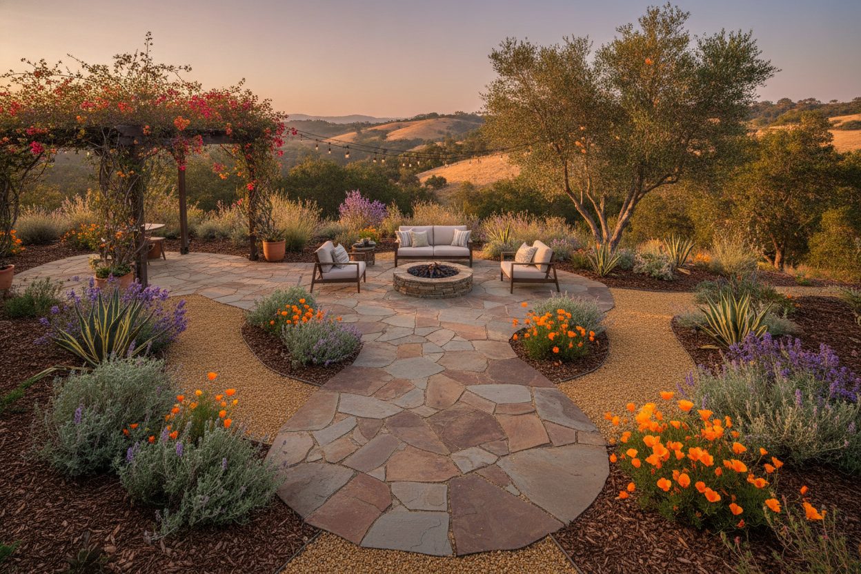 Former pool area turned into a patio and low-water garden