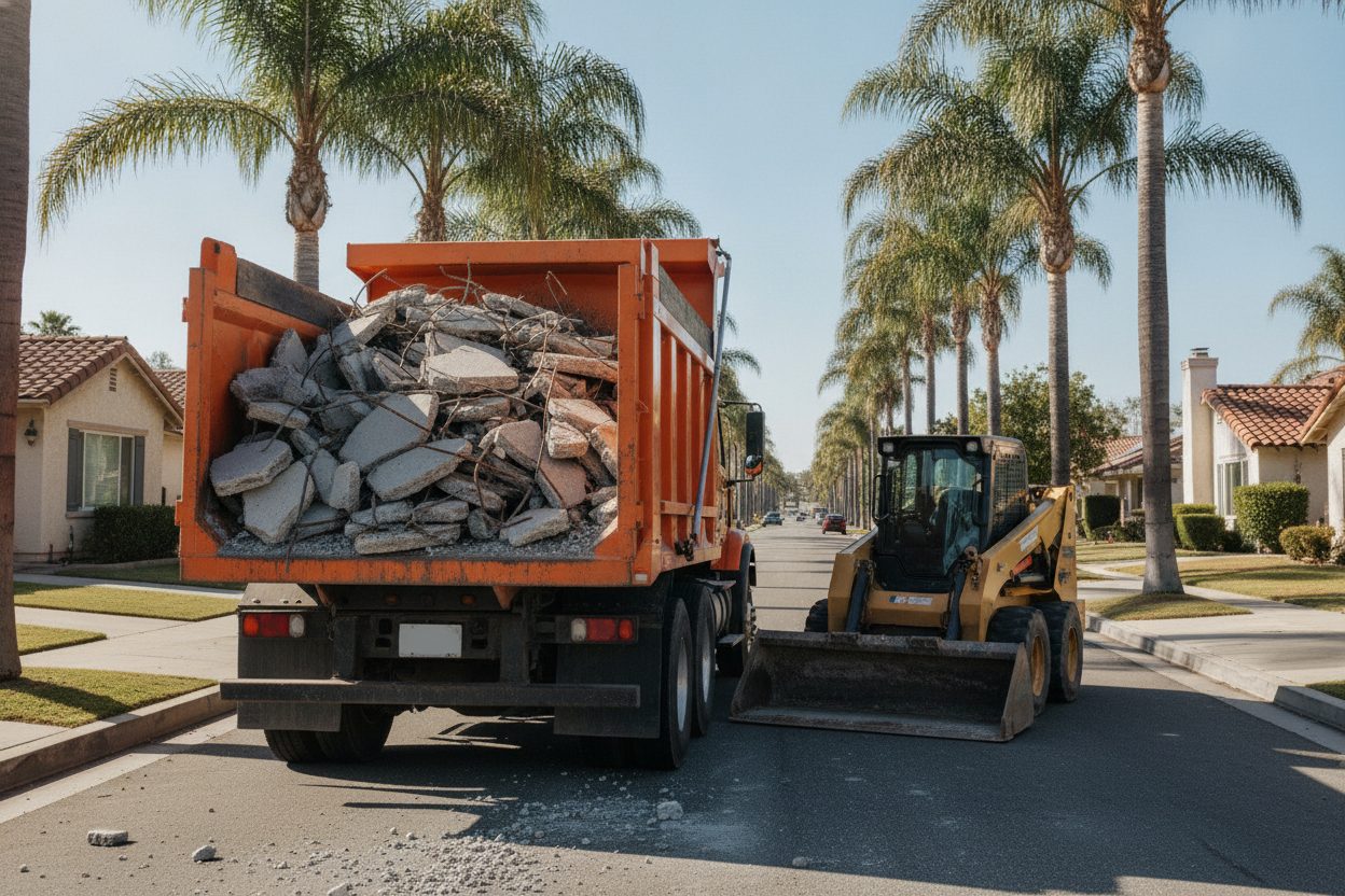 Truck loaded with broken pool concrete leaving a residential street