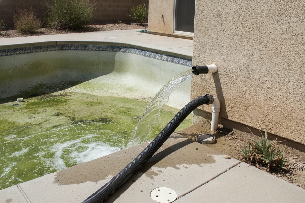 Pool being drained through a hose to a sewer clean-out before demolition