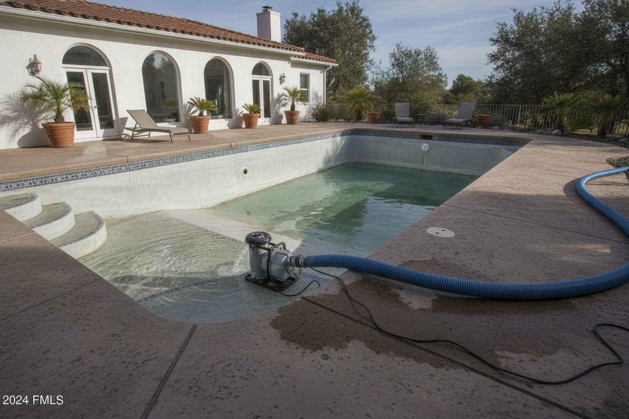 Pump hose draining a pool before demolition