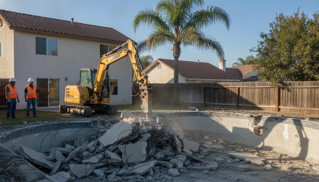 Excavator breaking up a concrete swimming pool in a California backyard
